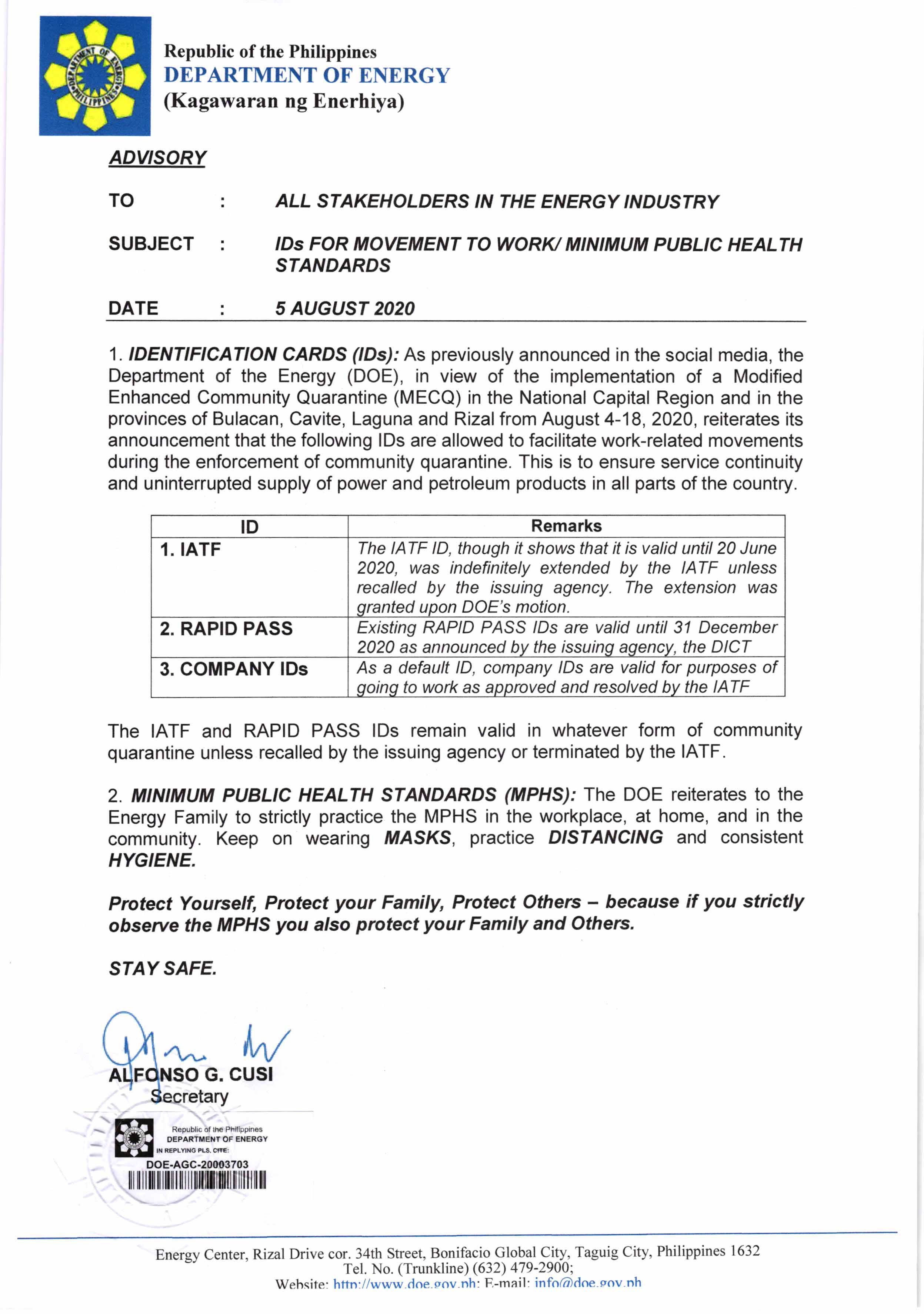 READ: Following the reimposition of a Modified Enhanced Community Quarantine in the National Capital Region from 4 to 18 August 2020, the Department of Energy reminds its stakeholders on the use of valid identification cards to facilitate work-related movement, as well as the stringent observance of minimum public health standards at all times. ###