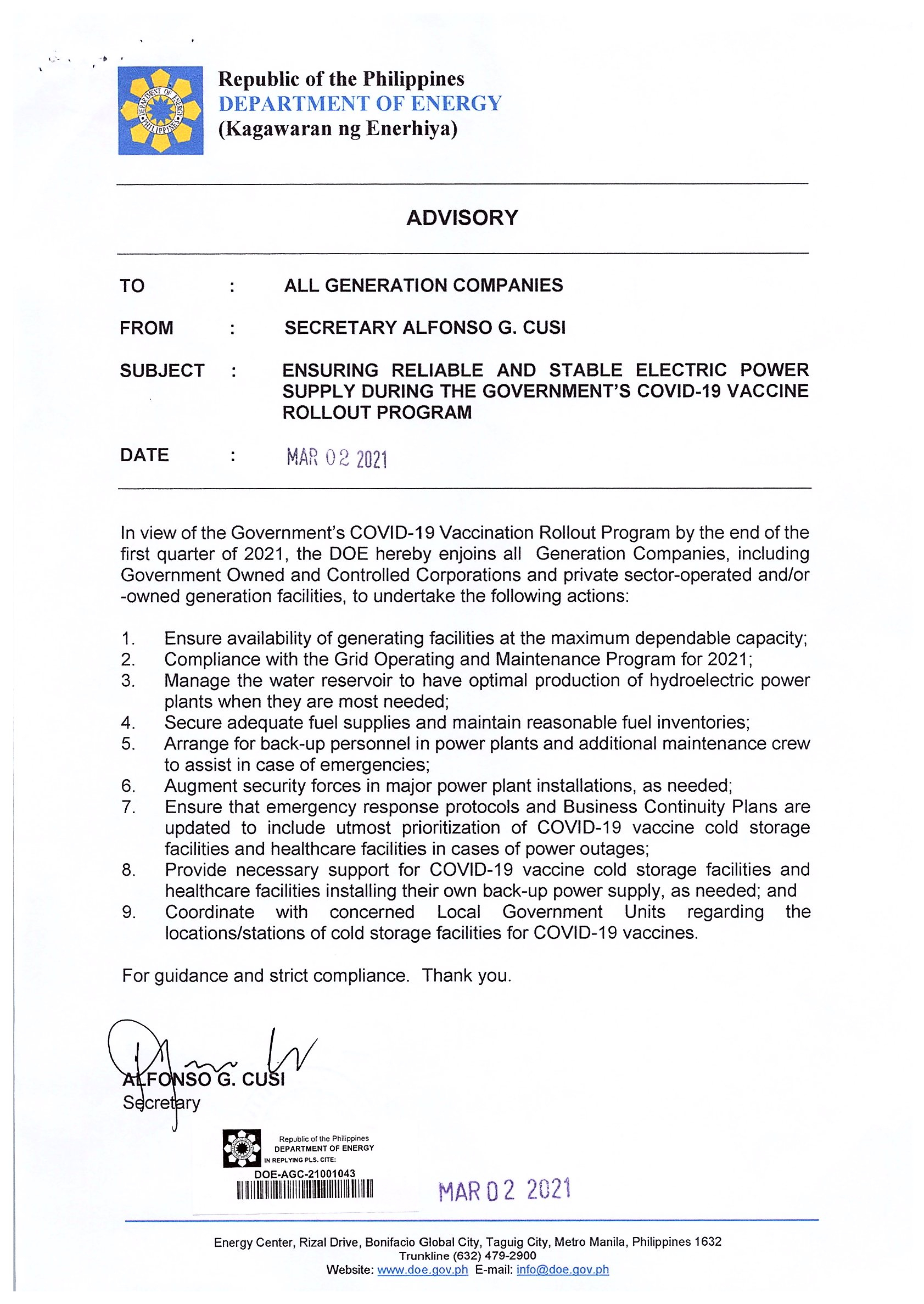DOE Sec. Cusi Directs GenCos to Ensure Power Supply during COVID-19 Vaccine Rollout