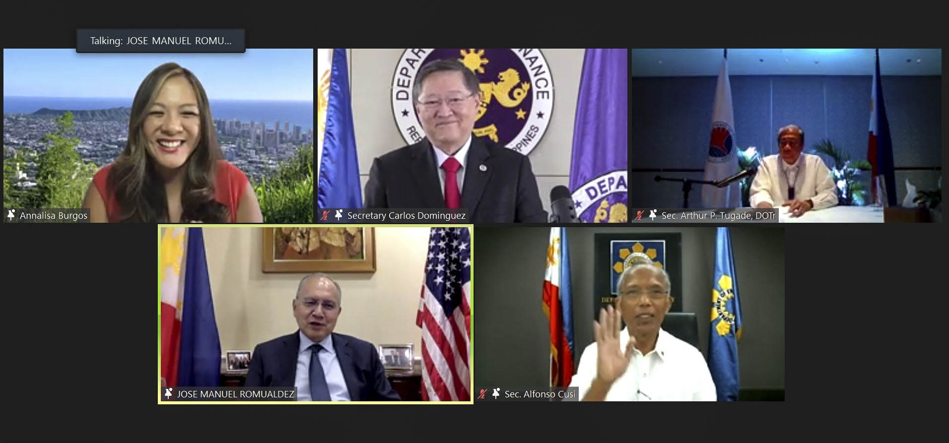 PH-US, 75 YEARS AND COUNTING: In photo (bottom left, counterclockwise) are Philippine Energy Secretary Alfonso G. Cusi; Philippine Ambassador to the United States of America Jose Manuel G. Romualdez; virtual event host, news anchor Ms. Annalisa Burgos; Philippine Finance Secretary Carlos G. Dominguez; and Philippine Transportation Secretary Arthur P. Tugade, sharing a light moment during the virtual economic briefing organized by the Philippine Embassy in Washington D.C. as part of celebrations marking 75