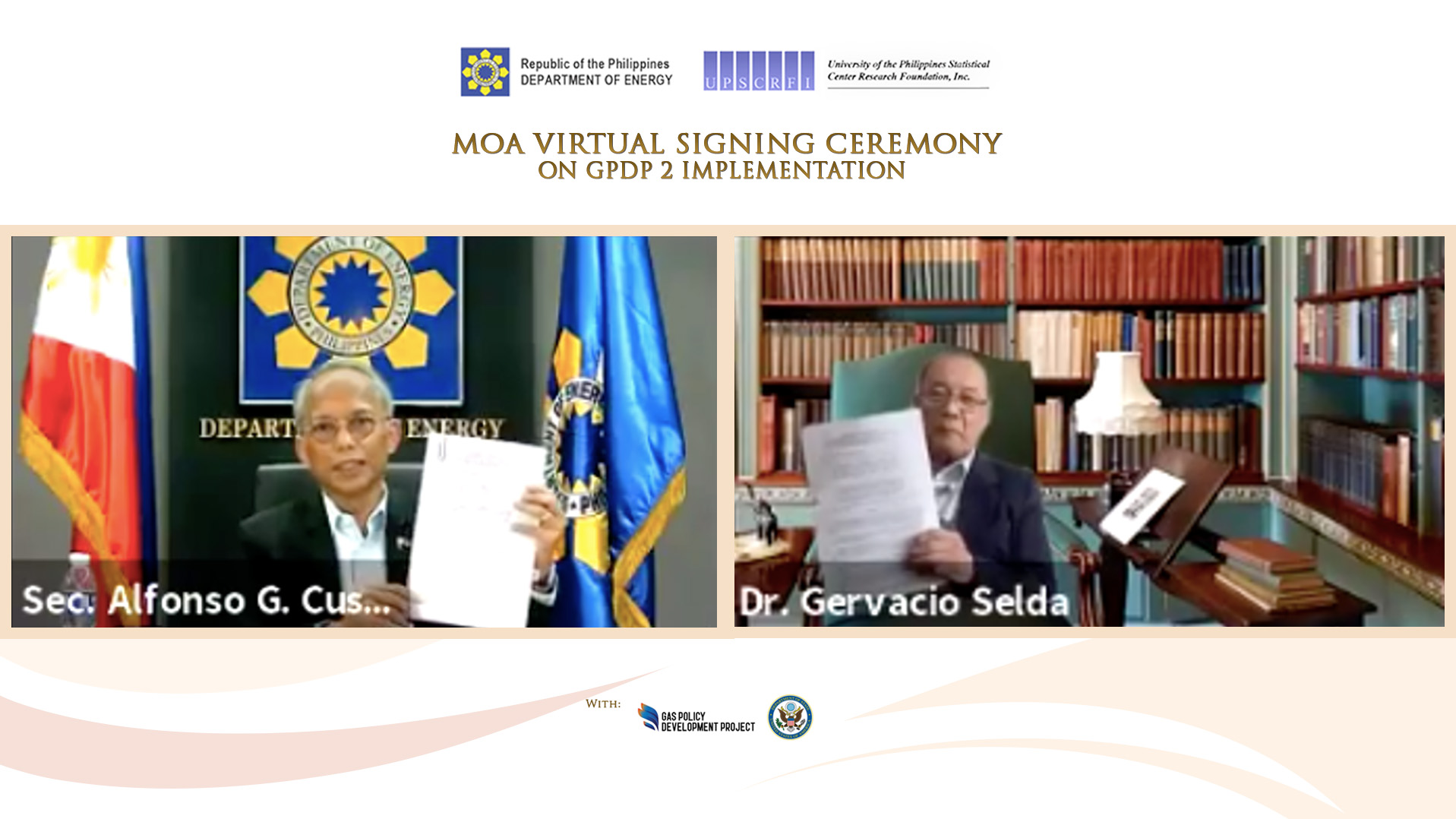 RENEWED PARTNERSHIP: Energy Secretary Alfonso G. Cusi and University of the Philippines Statistical Center Research Foundation, Inc. (UPSCRFI) President Gervacio Selda Jr. signed a Memorandum of Agreement (MOA) today (29 April) that formalizes the implementation for the second phase of the Gas Policy Development Project (GPDP 2).