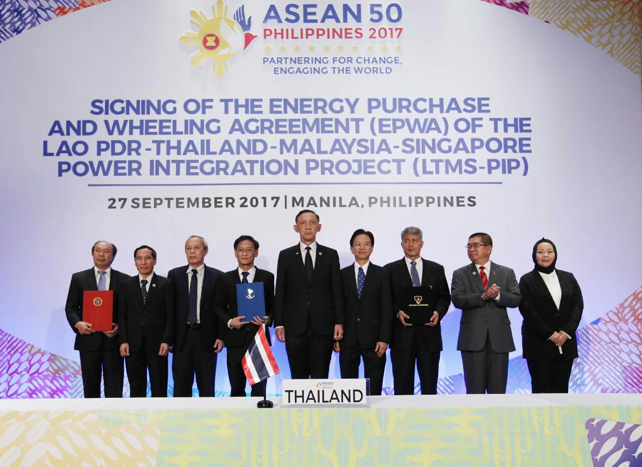 ASEAN Grid Milestone - Representatives from Lao, Thailand and Malaysia signed today the Energy Purchase Wheeling Agreement (EWPA) which is the first multilateral electricity transaction in ASEAN that aims to advance multilateral electricity trade.   In photo from left are: Electricite Du Laos Managing Director Bounoum Syvanpheng, Vice Minister of Energy and Mines of LAO PDR Thongphat Inthavon, Electricite Du Laos Deputy Managing Director Bounma Manivong,  Electricity Generating Authority of Thailand Governo