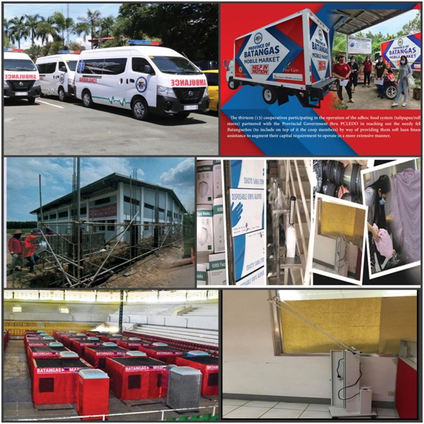 PHOTO CAPTION ER 1-94 HELPS FIGHT COVID-19: In photos (L-R) are transport vehicles (fully-equipped ambulance), mobile markets; the Batangas Inmates Quarantine Center; personal protective equipment, medical/disinfecting supplies, common medicines and vitamins; a Holding and Distribution Centre; and UV lights, which were among the items procured and places enhanced in the fight against COVID-19 using ER 1-94 funding. ###