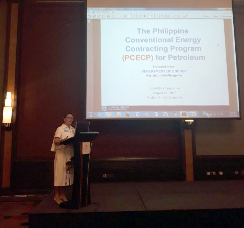 PCECP OVERVIEW: DOE ASec. Caron Aicitel E. Lascano presents the Philippine Conventional Energy Contracting Program during the South East Asia Petroleum Exploration Society Conference held at the Orchard Hotel in Singapore on 31 August 2018.