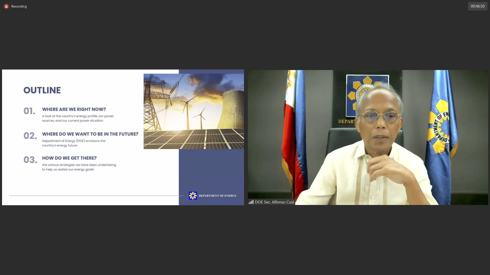 Energy Secretary Alfonso G. Cusi graces the 5th FINEX General Membership Meeting for 2021 via Zoom yesterday (19 May). In his presentation, Secretary Cusi shared a glimpse of the country’s energy profile, power sources, current power situation, and the energy sector’s response to the challenges brought about by the COVID-19 pandemic.