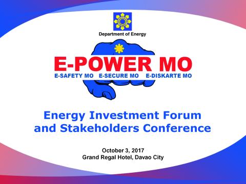 After empowering Luzon and Visayas, the Department of Energy (DOE) will bring the E-Power Mo Campaign to Mindanao on 3 October 2017 at the Grand Regal Hotel, Davao City as part of its continuing effort to invest knowledge and sound information to energy consumers and stakeholders.